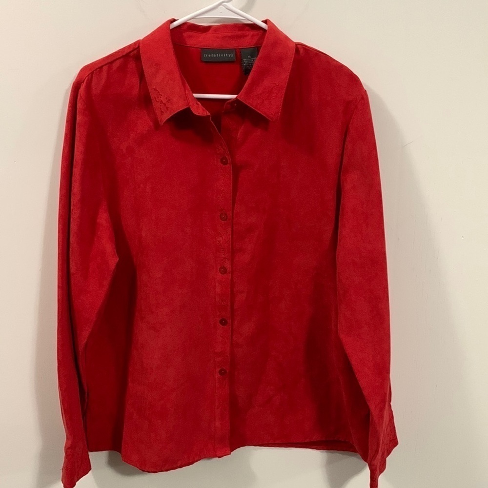 Relativity Suede feel embroidered Women’s button up blouse in red very pretty